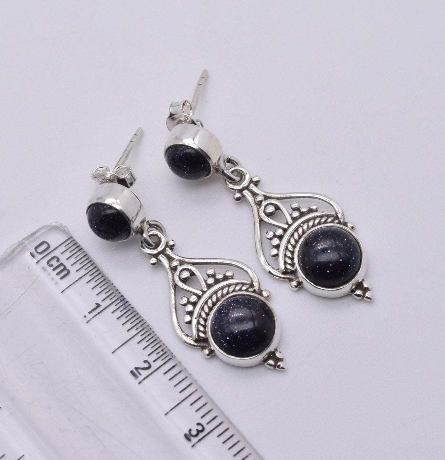 925 Solid Sterling Silver Blue Sunstone Stud Earring-1.5 Inch