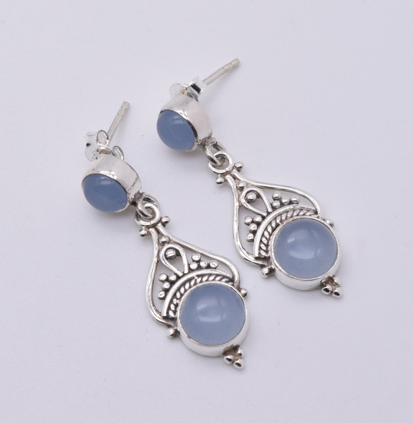 925 Solid Sterling Silver Blue Chalcedony Stud Earring-1.5 Inch