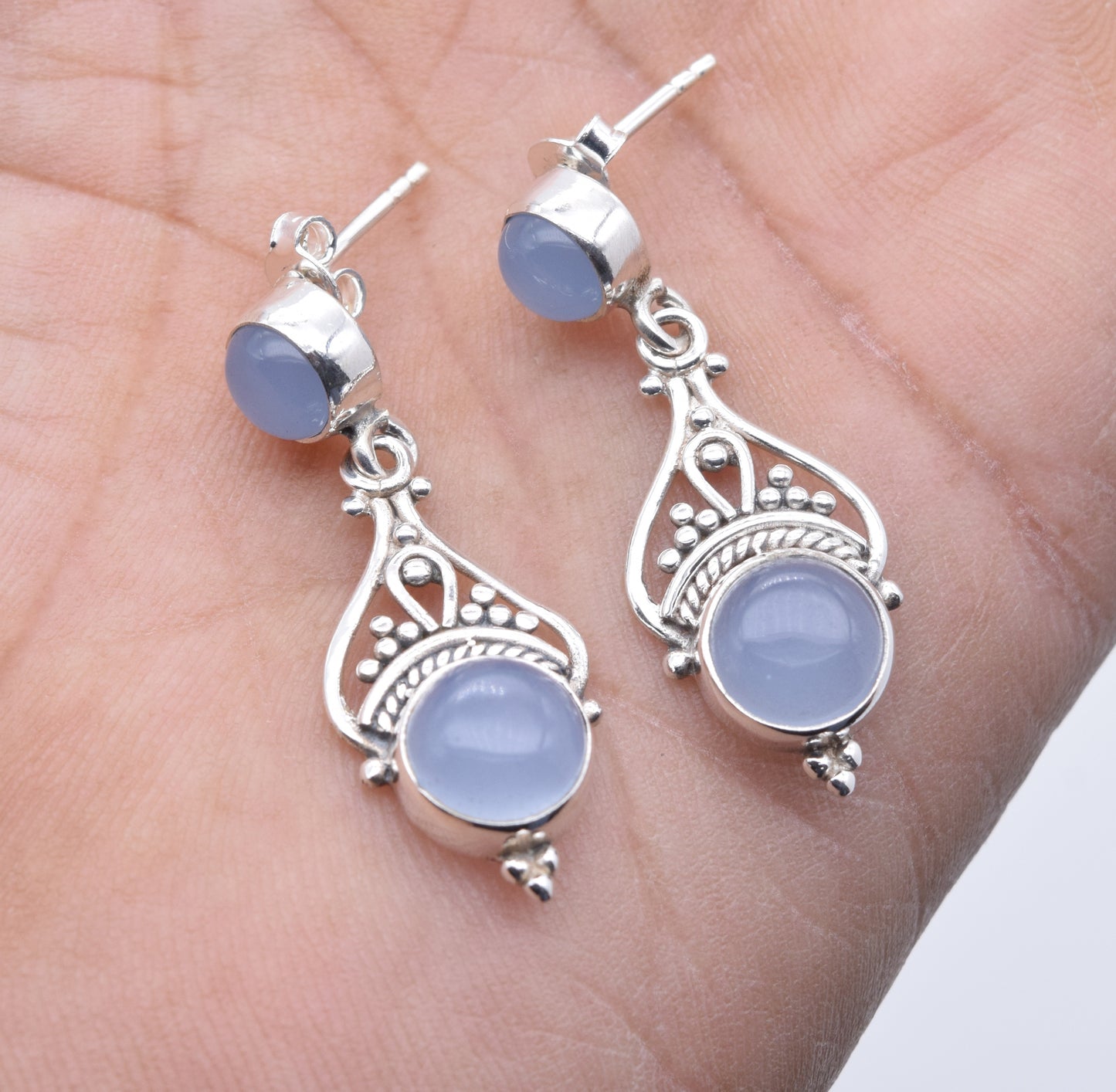 925 Solid Sterling Silver Blue Chalcedony Stud Earring-1.5 Inch