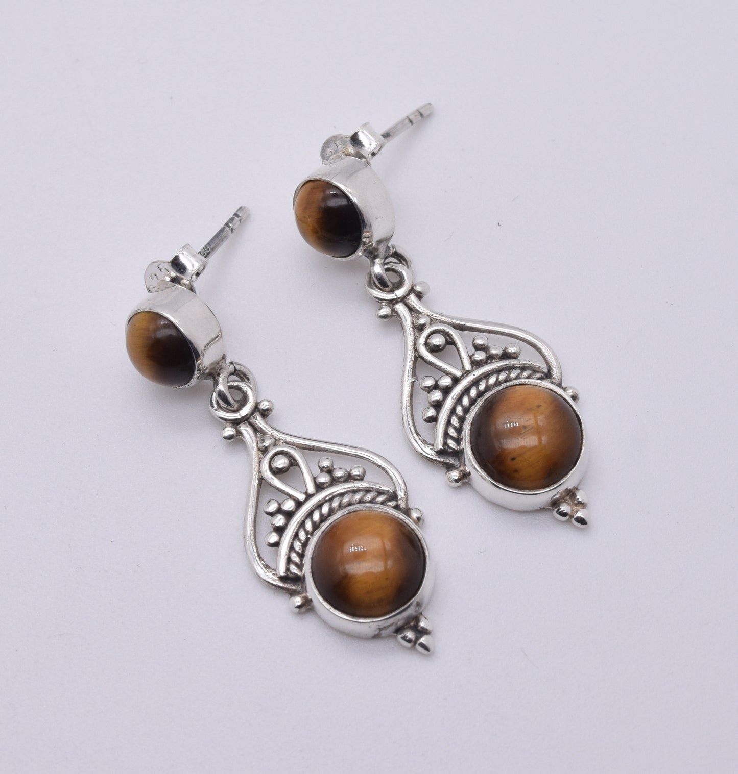 925 Solid Sterling Silver Tiger Eye Stud Earring-1.5 Inch