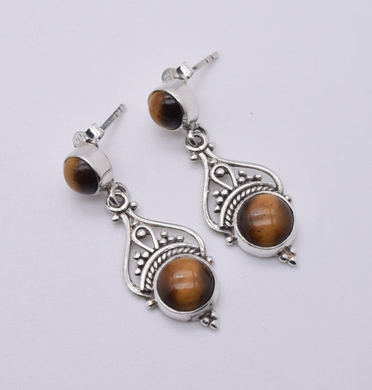925 Solid Sterling Silver Tiger Eye Stud Earring-1.5 Inch