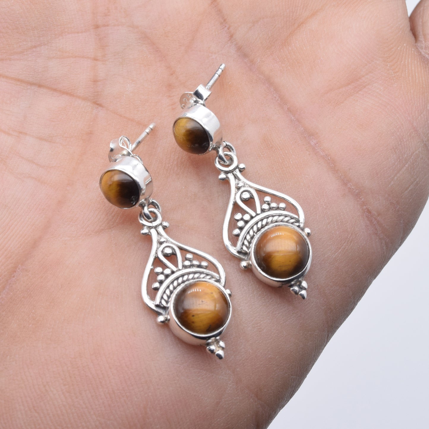 925 Solid Sterling Silver Tiger Eye Stud Earring-1.5 Inch