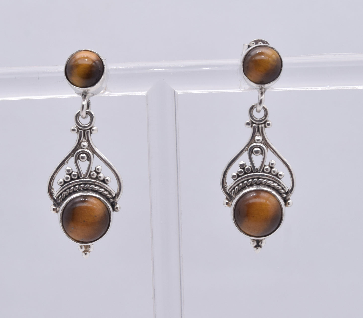 925 Solid Sterling Silver Tiger Eye Stud Earring-1.5 Inch