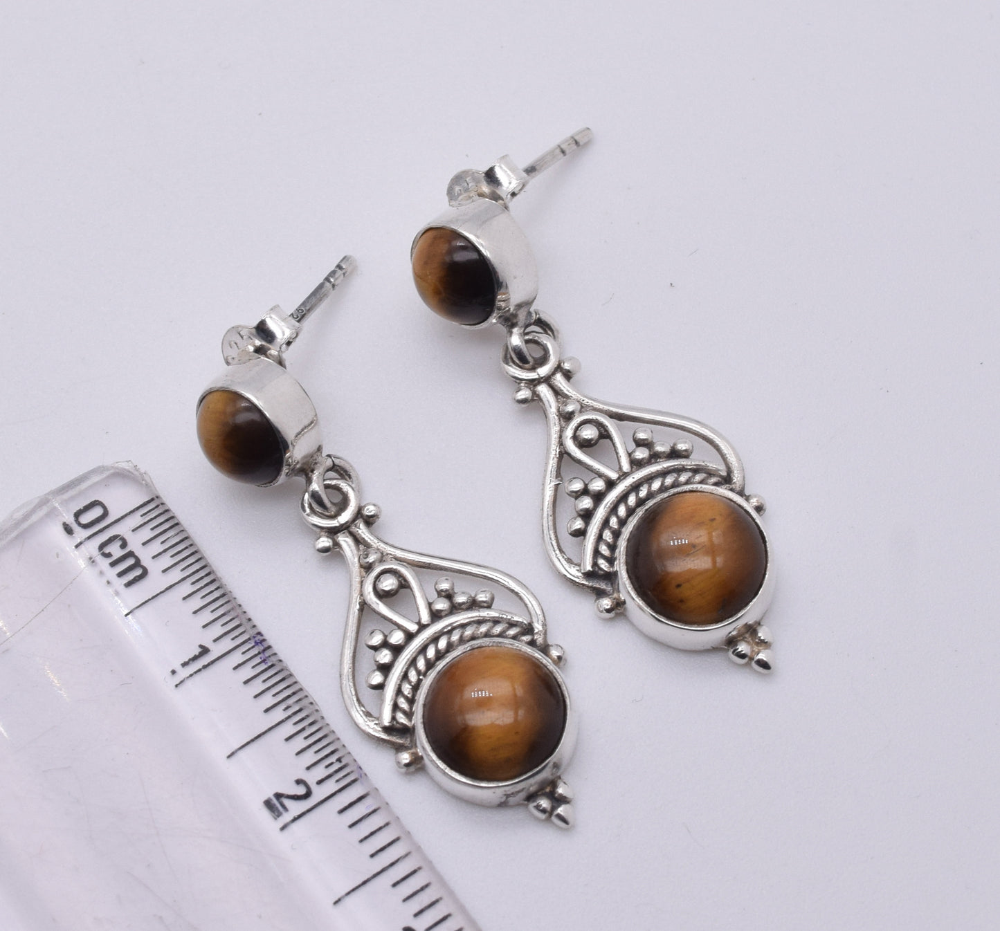 925 Solid Sterling Silver Tiger Eye Stud Earring-1.5 Inch