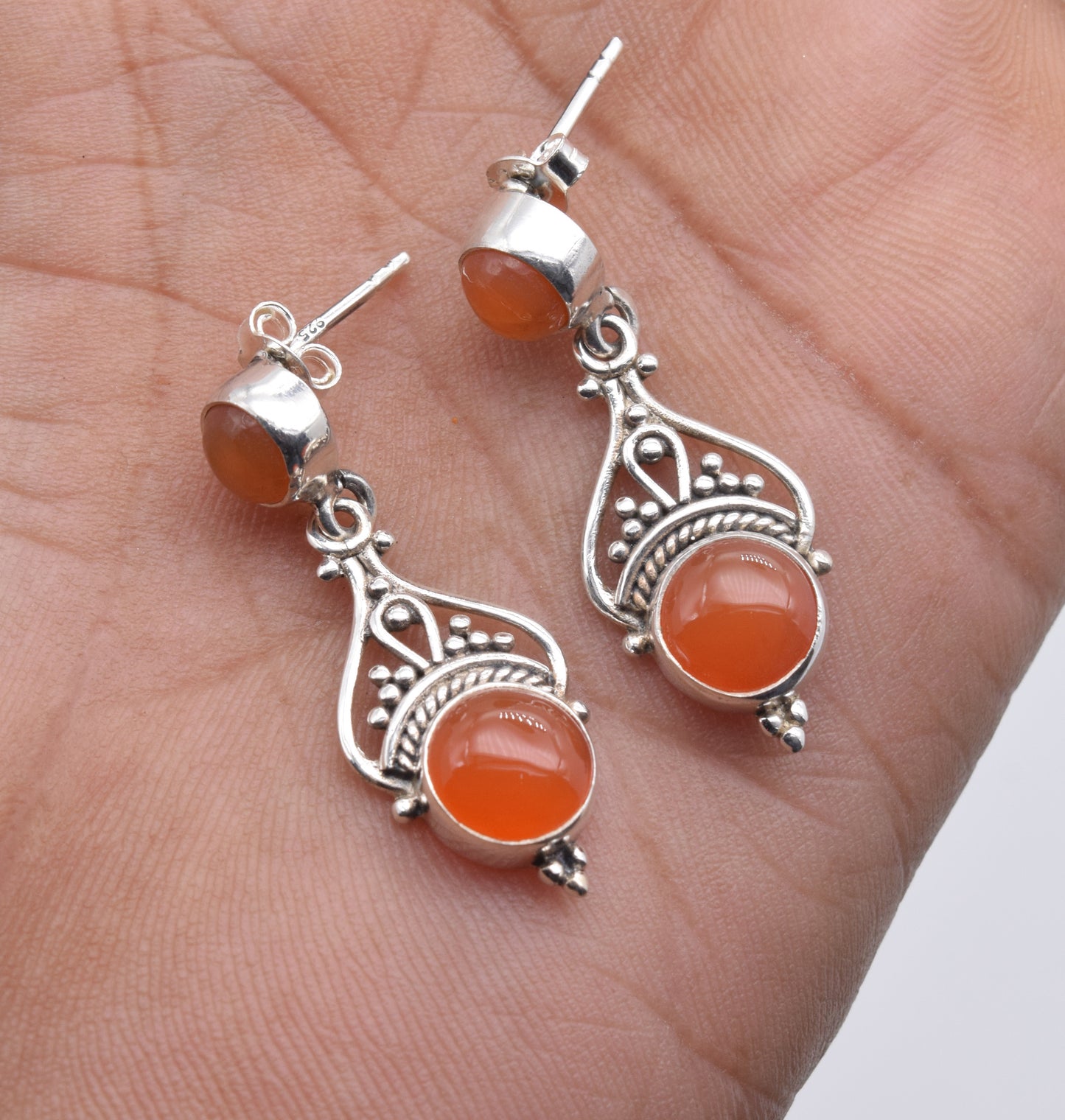 925 Solid Sterling Silver Red Carnelian Stud Earring-1.5 Inch