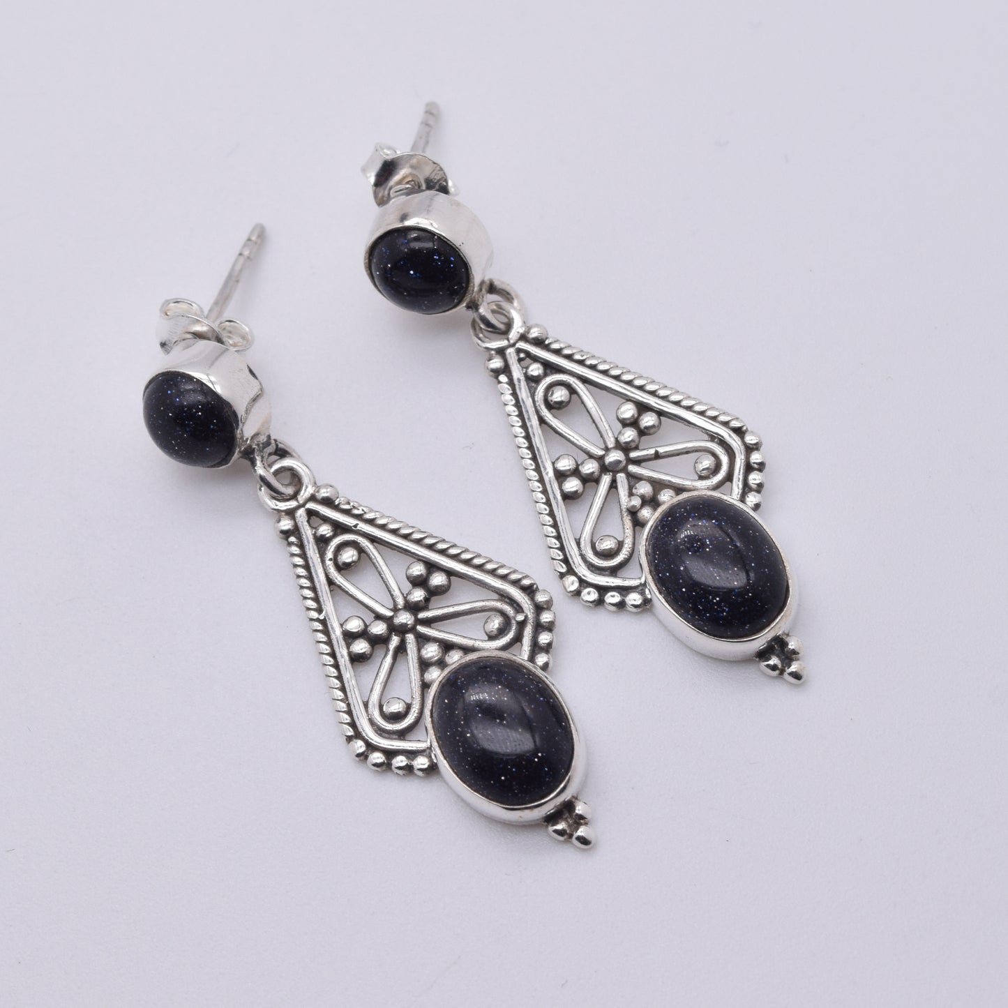 925 Solid Sterling Silver Blue Sunstone Stud Earring-1.7 Inch