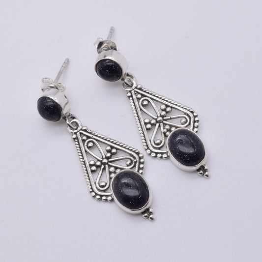 925 Solid Sterling Silver Blue Sunstone Stud Earring-1.7 Inch