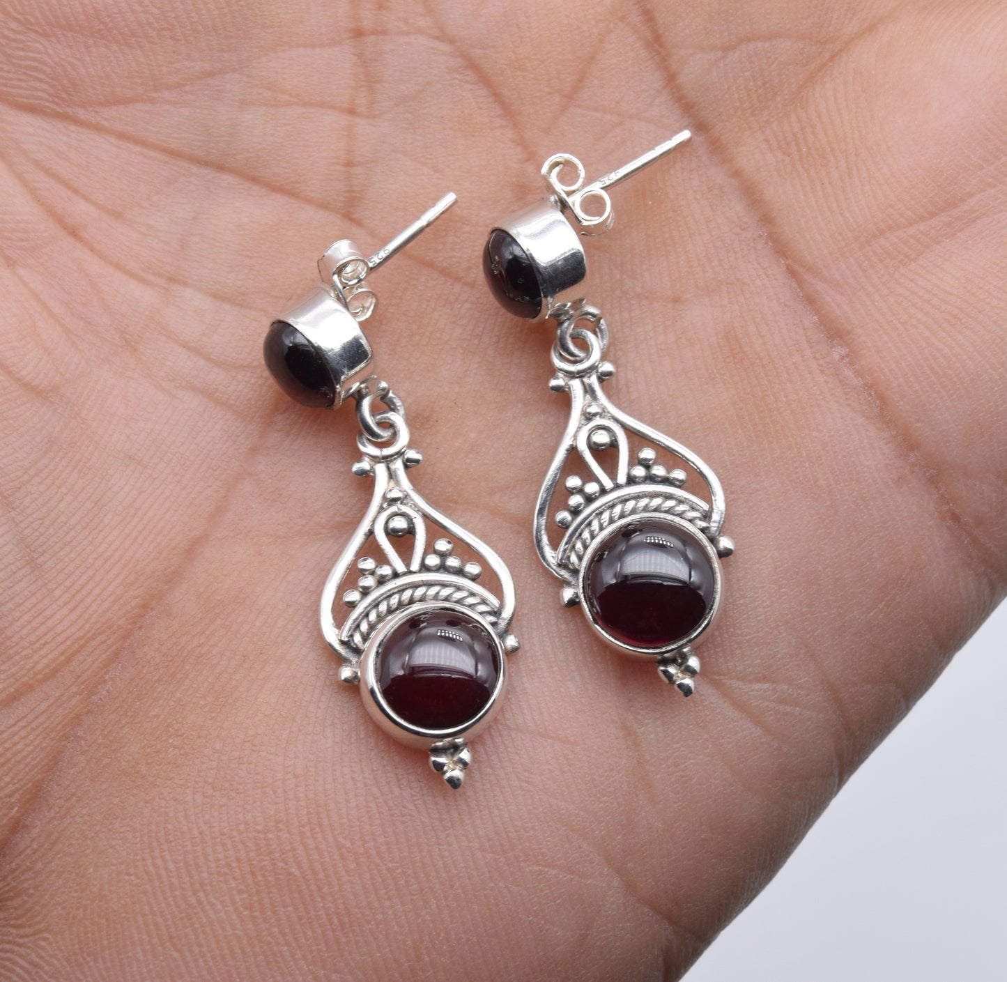 925 Solid Sterling Silver Red Garnet Stud Earring-1.5 Inch