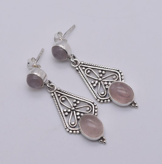 925 Solid Sterling Silver Pink Rose Quartz Stud Earring-1.7 Inch