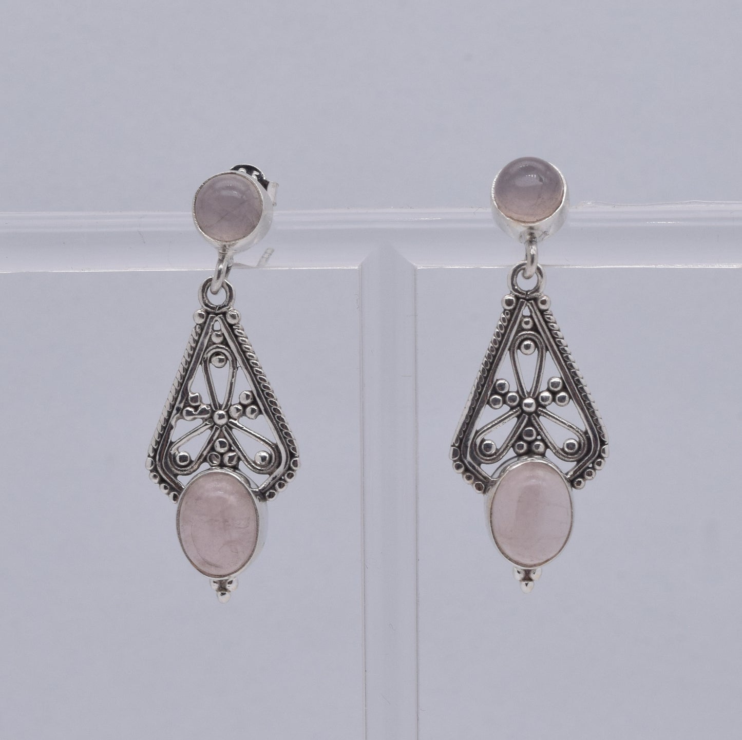 925 Solid Sterling Silver Pink Rose Quartz Stud Earring-1.7 Inch