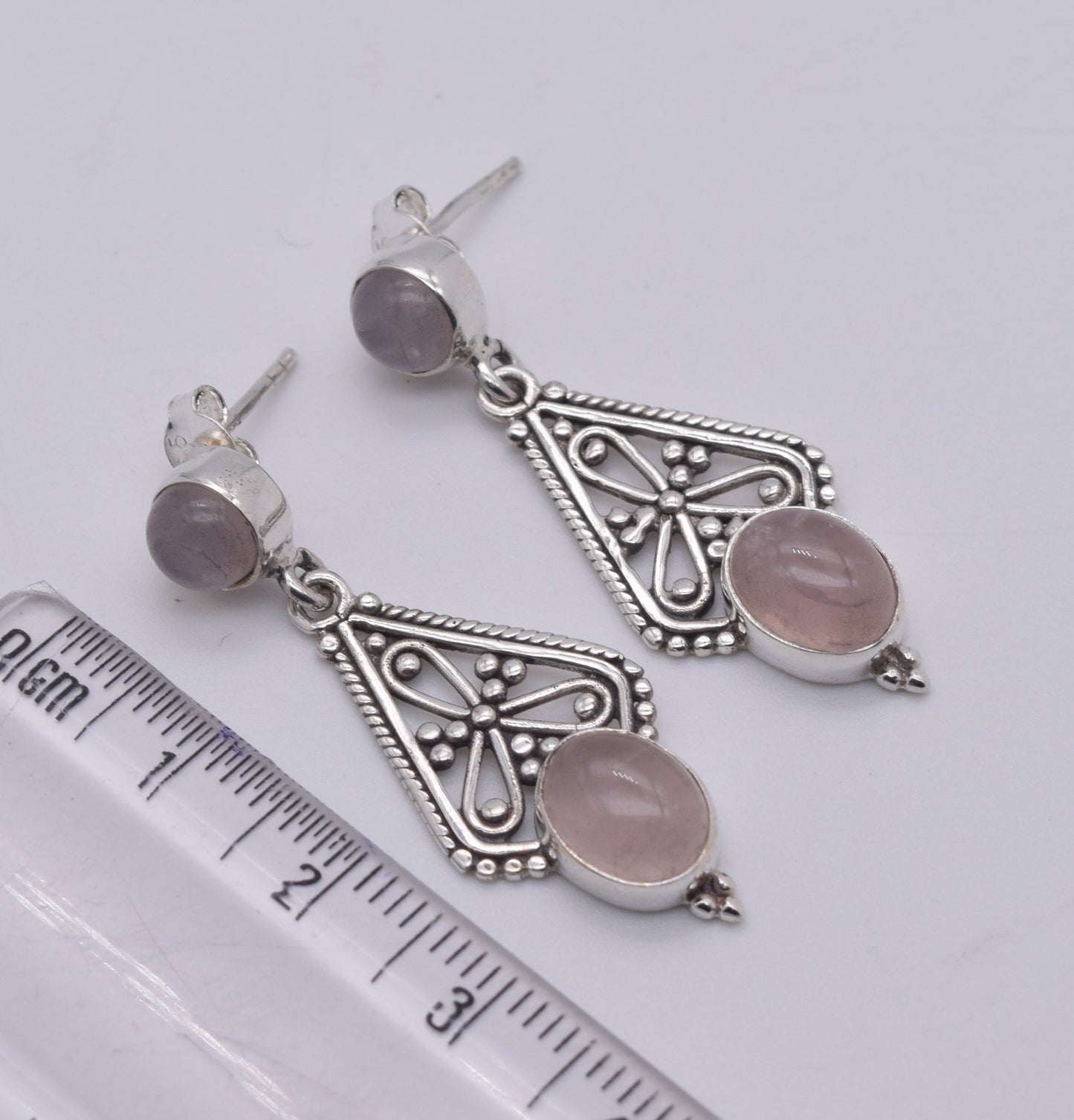 925 Solid Sterling Silver Pink Rose Quartz Stud Earring-1.7 Inch