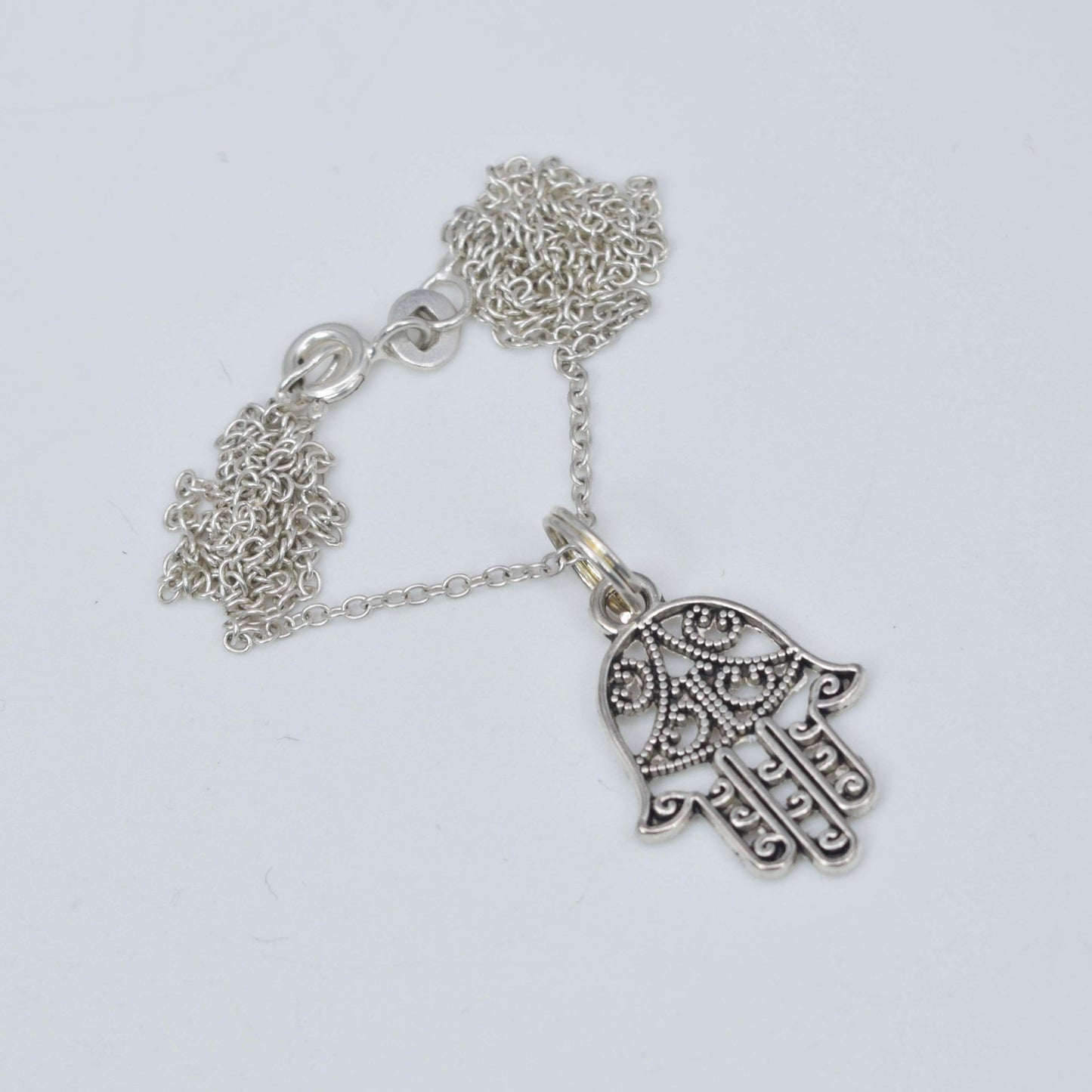 925 Solid Sterling Silver Plain Hamsa Hand Chain Pendant-19 Inch