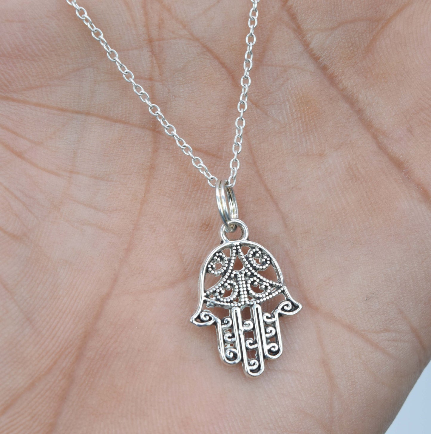 925 Solid Sterling Silver Plain Hamsa Hand Chain Pendant-19 Inch