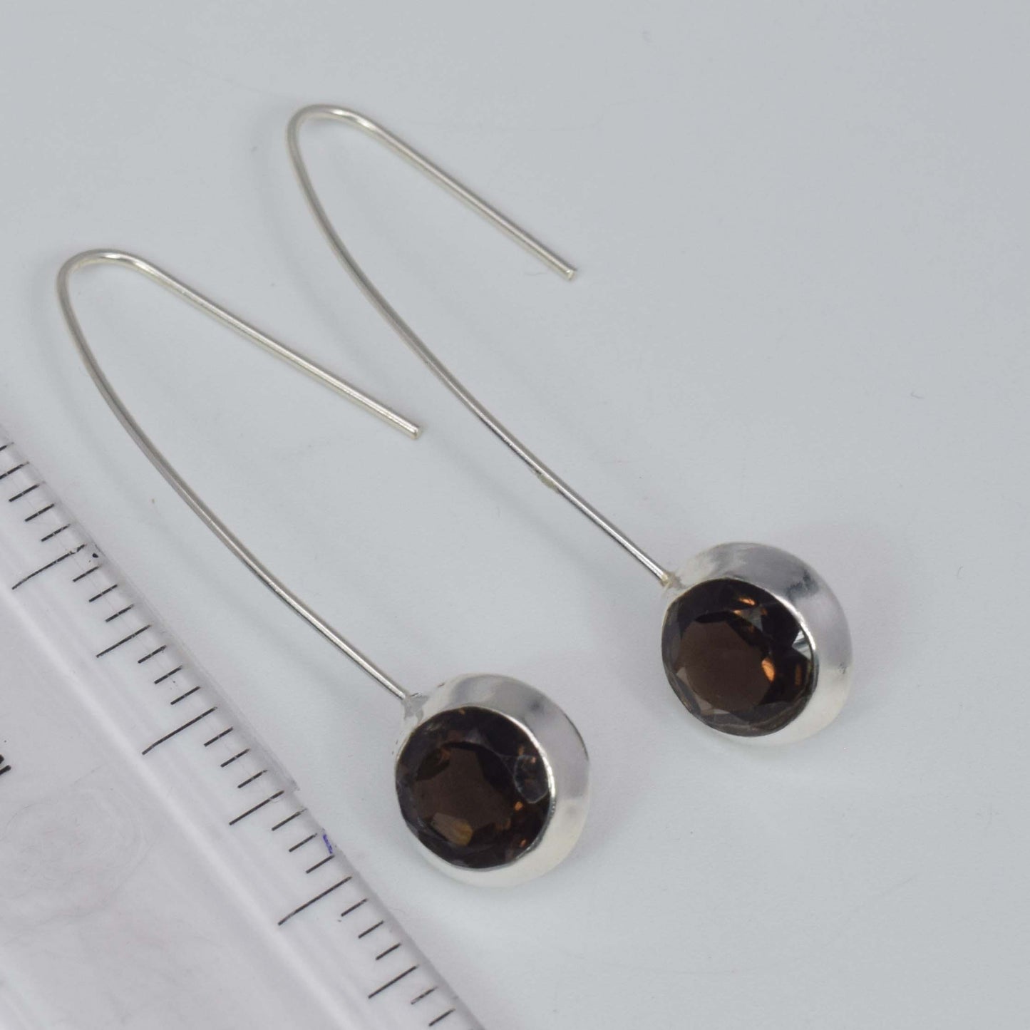 925 Solid Sterling Silver Faceted Smoky Quartz Hook Earring-1.9 Inch