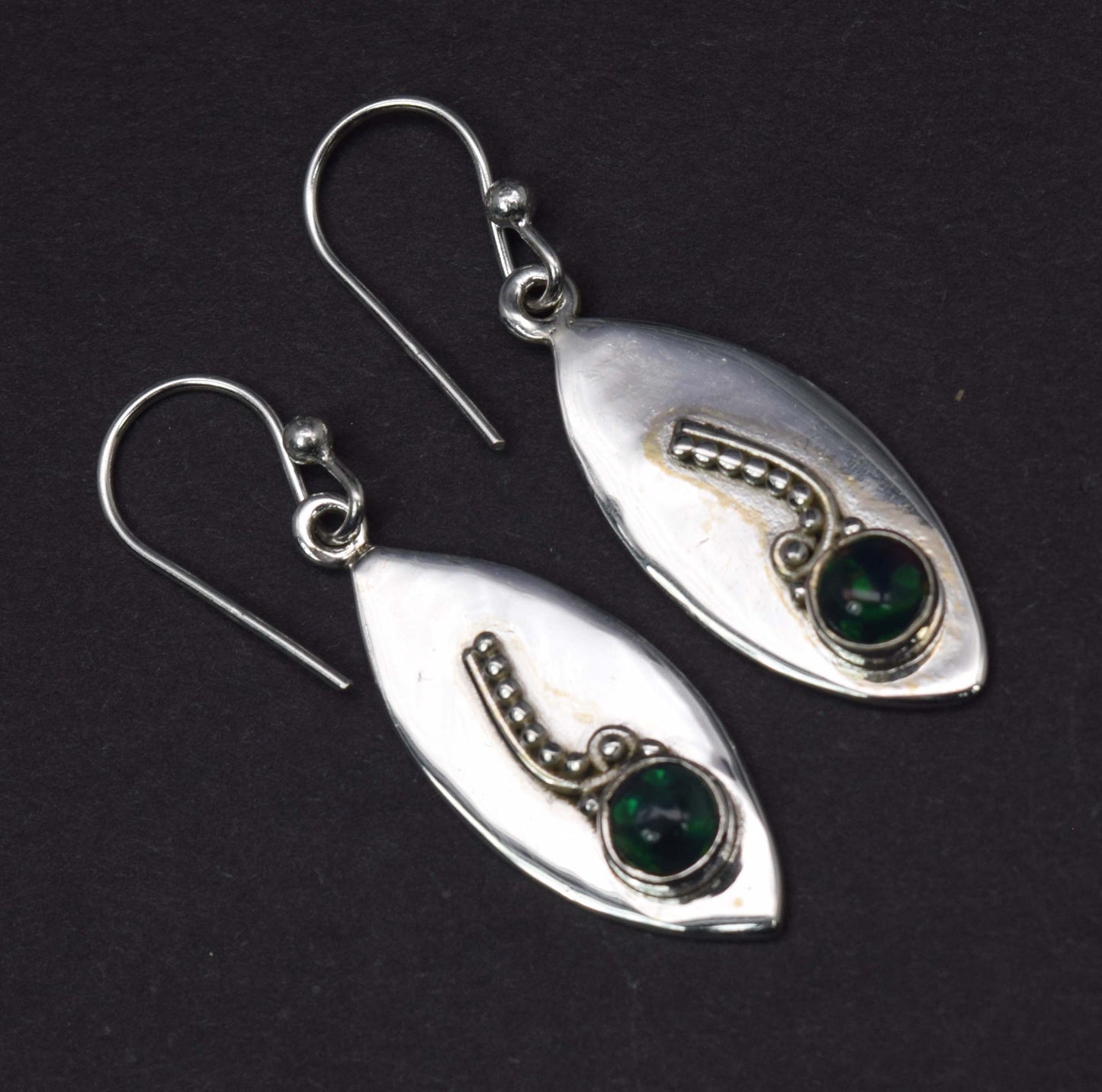 925 Solid Sterling Silver Natural Black Ethiopian Opal Hook Earring - 4.9 Grams