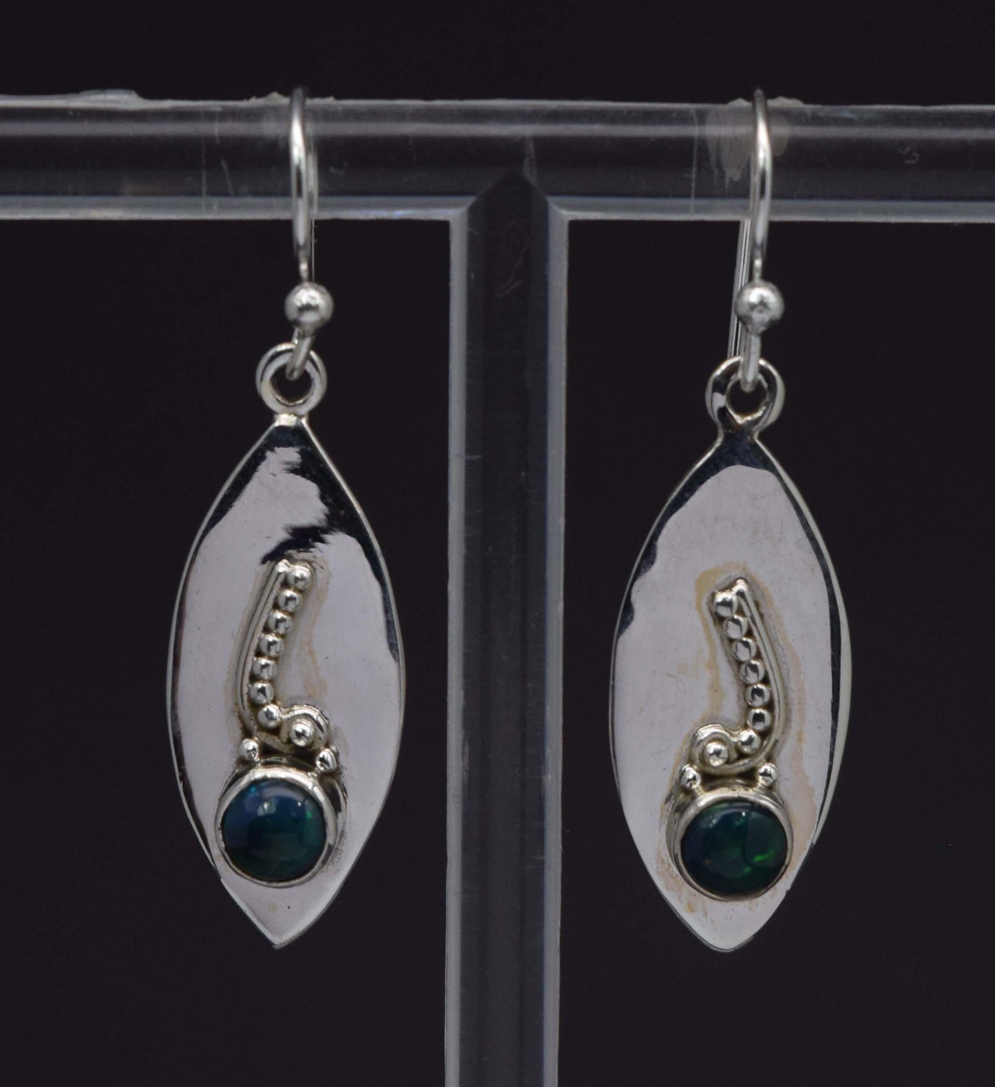 925 Solid Sterling Silver Natural Black Ethiopian Opal Hook Earring - 4.9 Grams