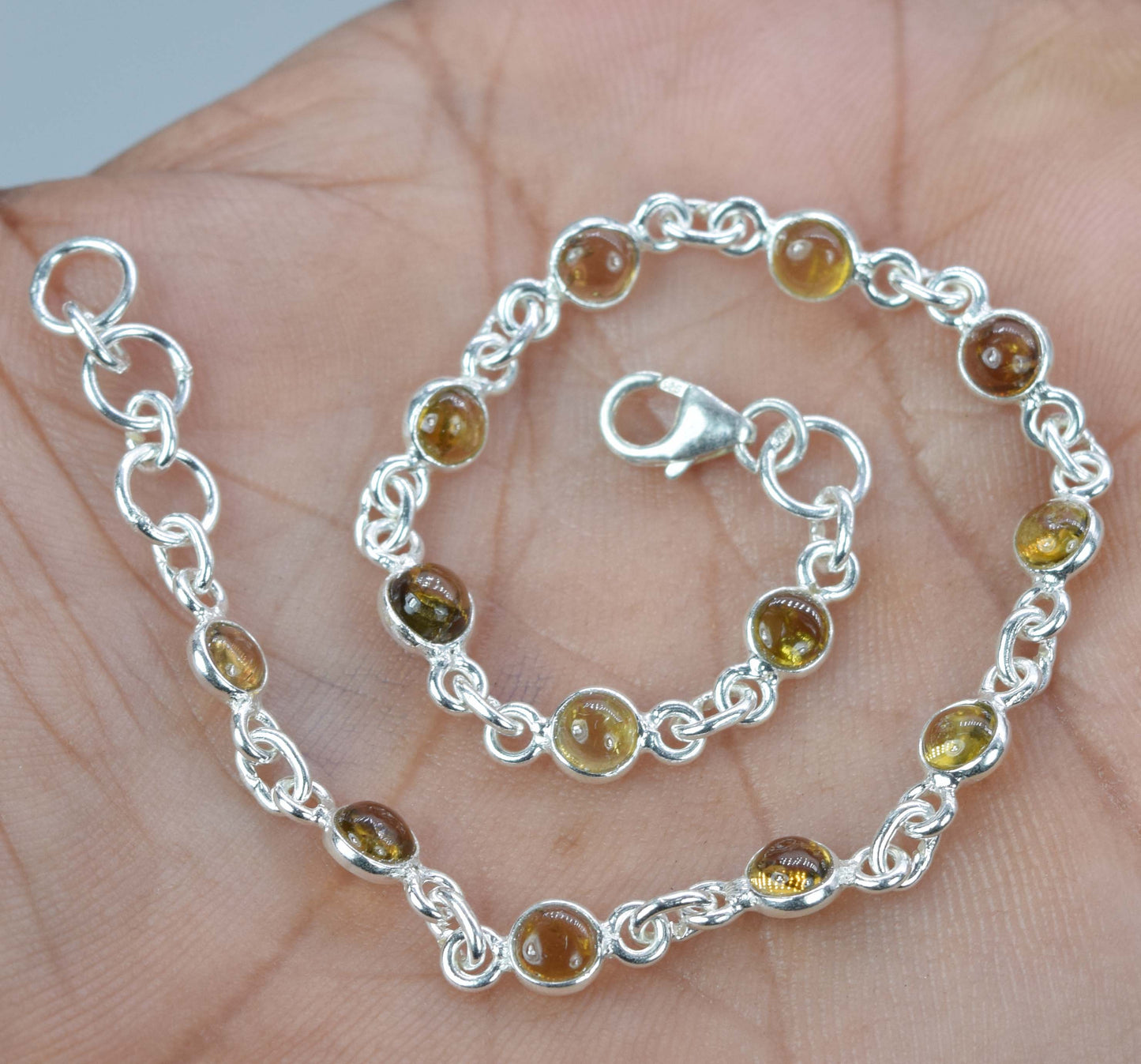 925 Solid Sterling Silver Yellow Tourmaline HANDMADE BRACELET-8 Inch