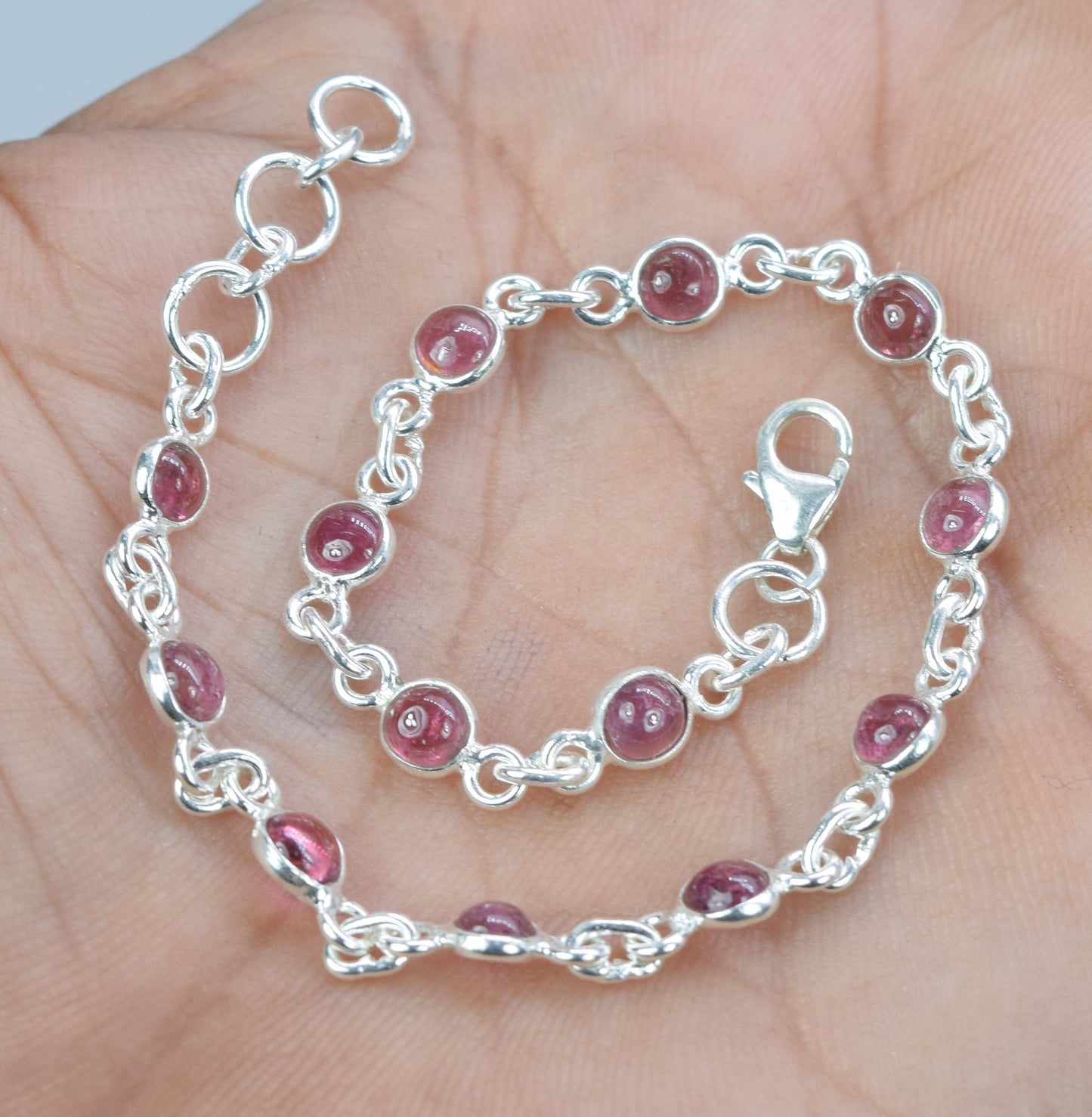 925 Solid Sterling Silver Pink Tourmaline HANDMADE BRACELET-8 Inch