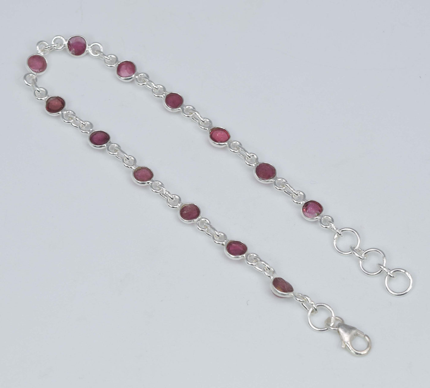 925 Solid Sterling Silver Pink Tourmaline HANDMADE BRACELET-8 Inch