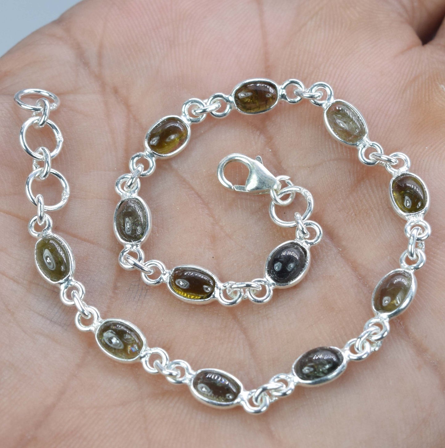 925 Solid Sterling Silver Green Tourmaline HANDMADE BRACELET-8 Inch