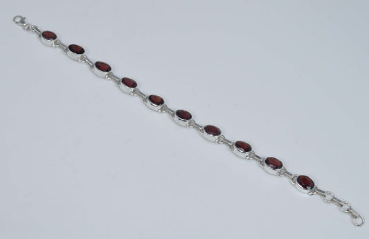 925 Solid Sterling Silver Red Garnet HANDMADE BRACELET-7.6 Inch
