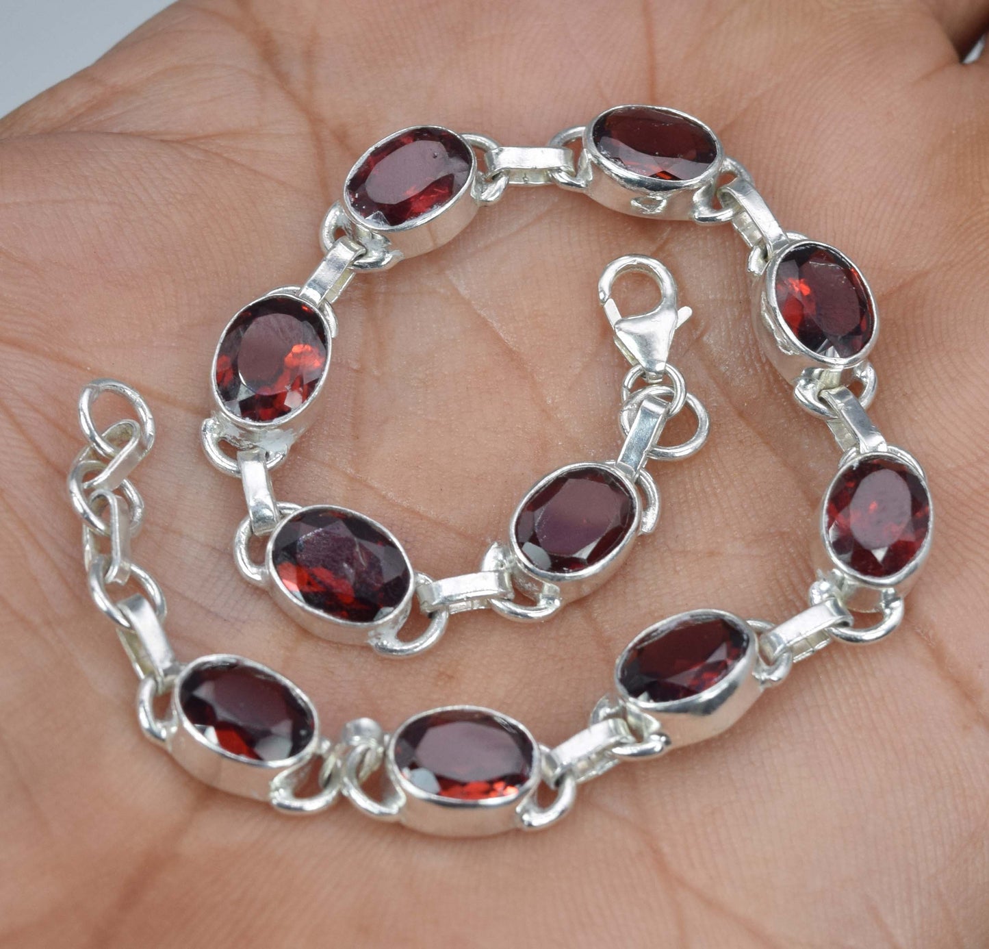 925 Solid Sterling Silver Red Garnet HANDMADE BRACELET-7.6 Inch