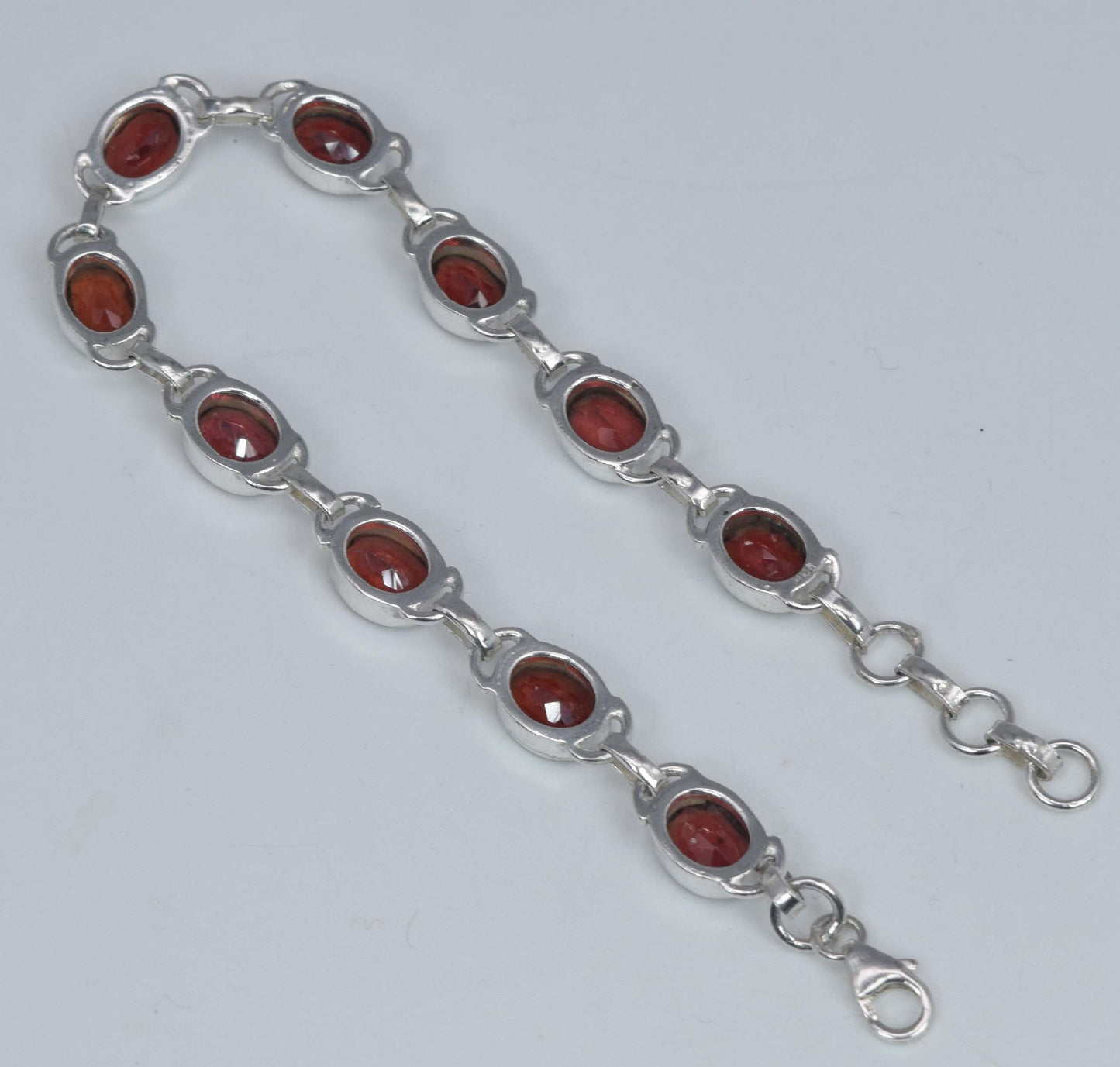 925 Solid Sterling Silver Red Garnet HANDMADE BRACELET-7.6 Inch