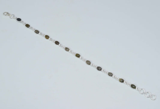 925 Solid Sterling Silver Green Tourmaline HANDMADE BRACELET-8 Inch