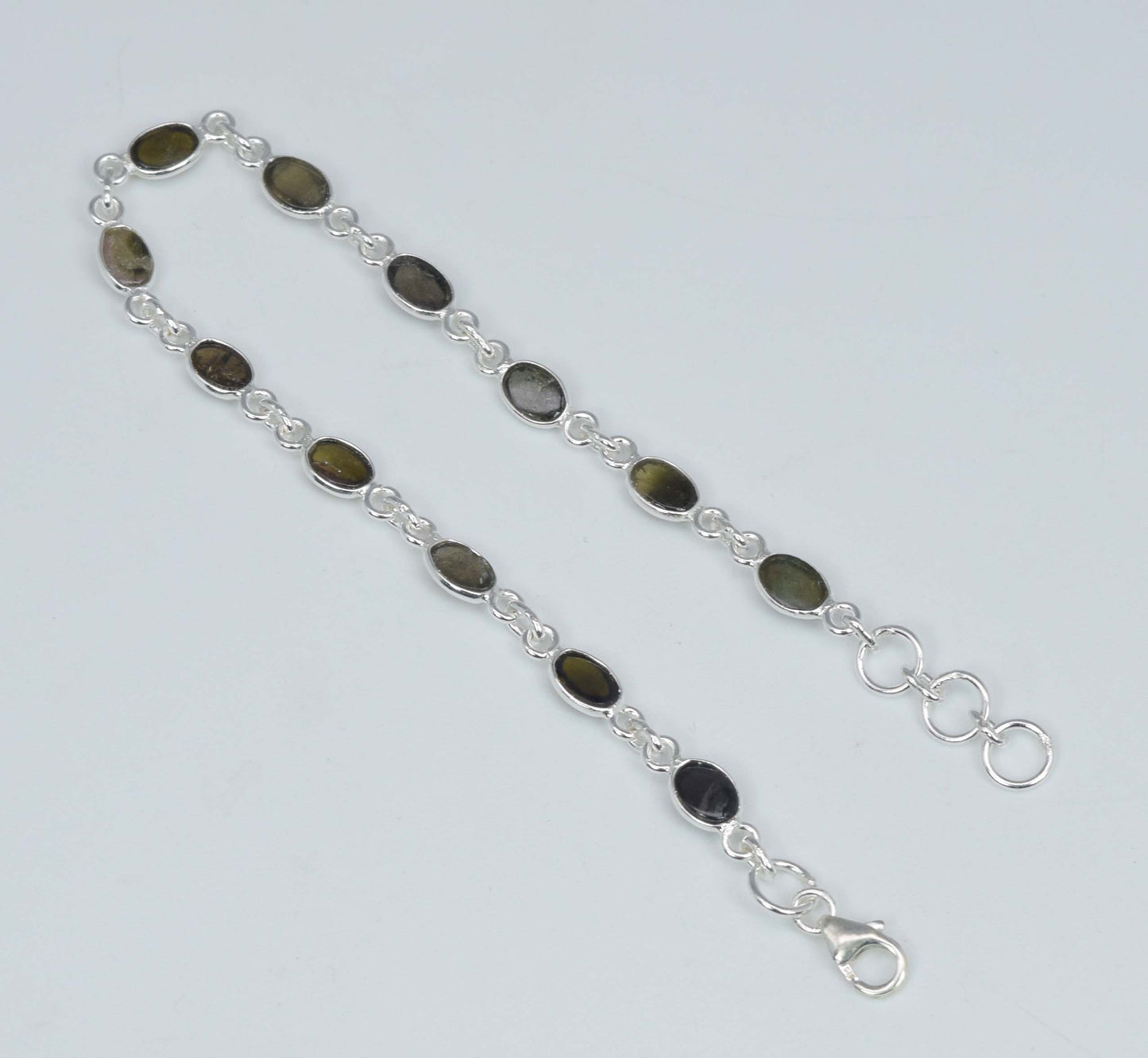 925 Solid Sterling Silver Green Tourmaline HANDMADE BRACELET-8 Inch