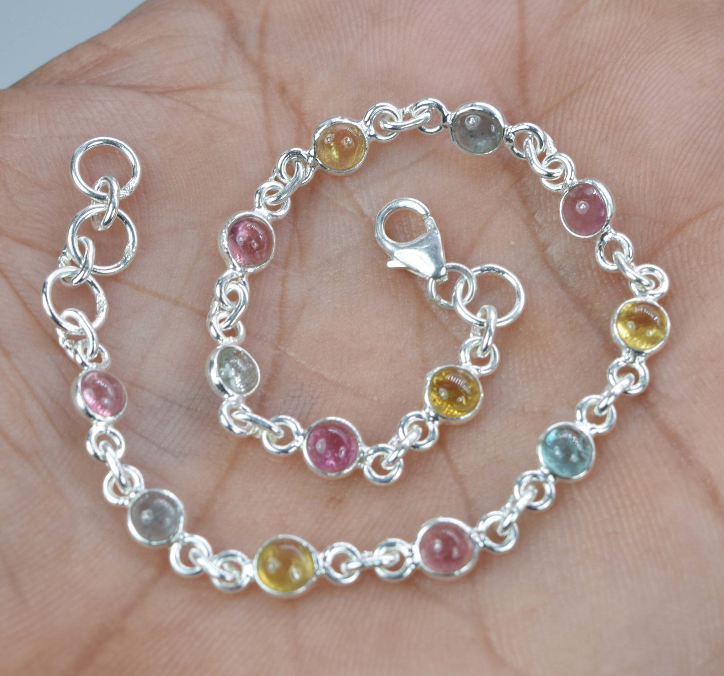 925 Solid Sterling Silver Tourmaline HANDMADE BRACELET-8 Inch