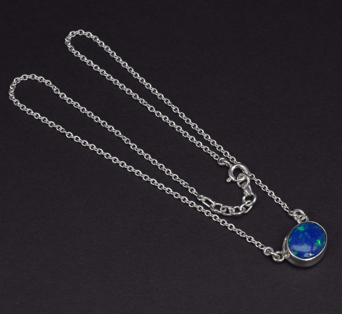 925 Solid Sterling Silver Lab Blue Opal Necklace-15 Inch