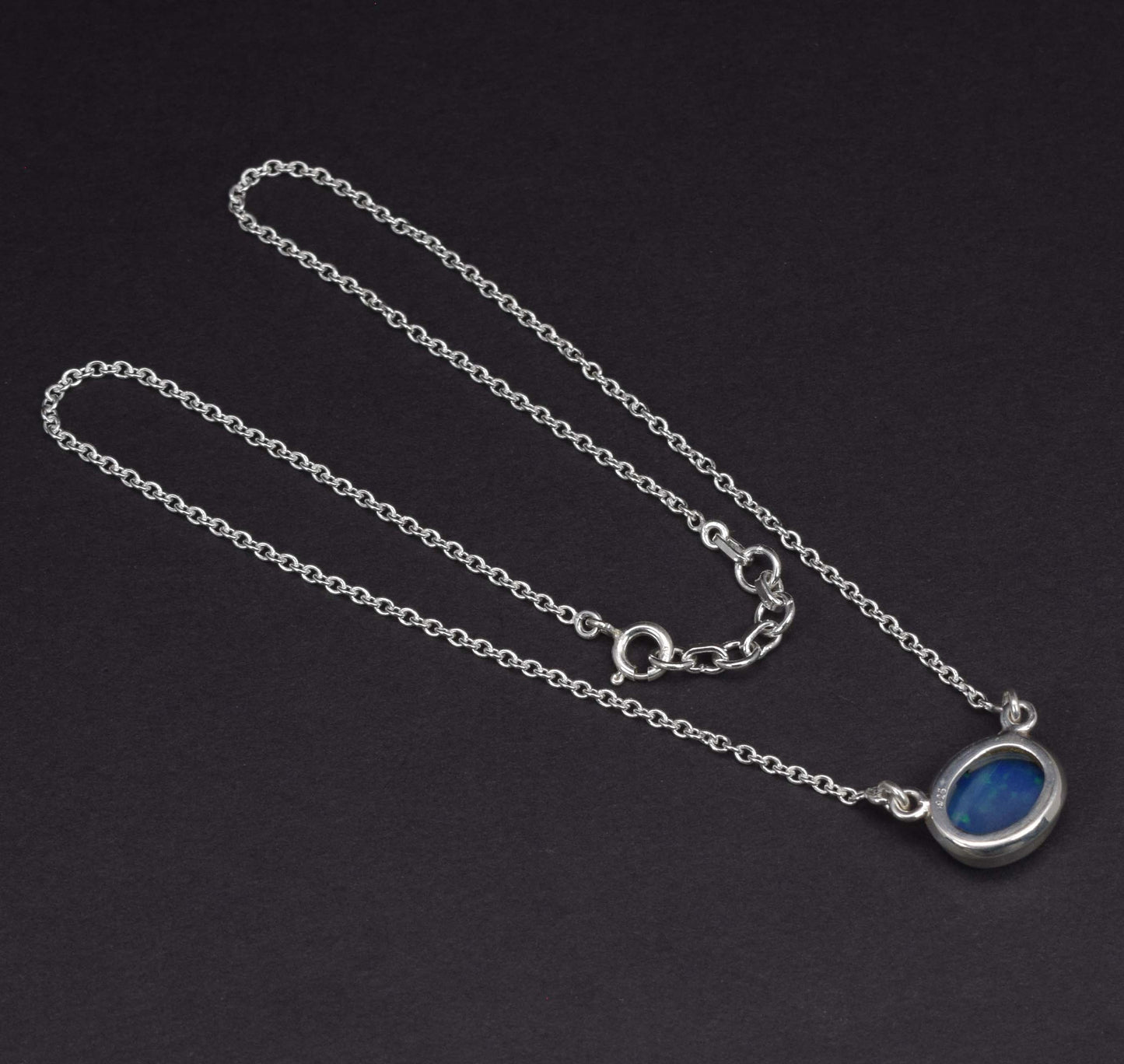 925 Solid Sterling Silver Lab Blue Opal Necklace-15 Inch