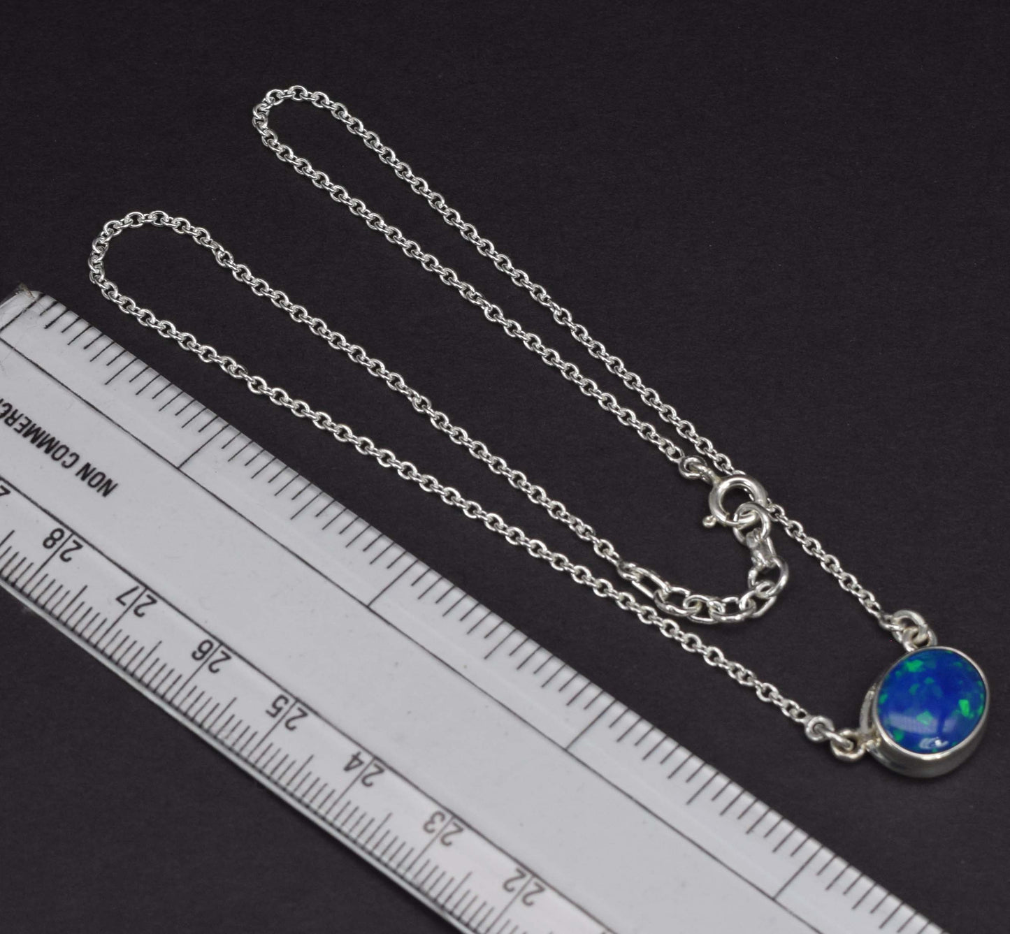 925 Solid Sterling Silver Lab Blue Opal Necklace-15 Inch