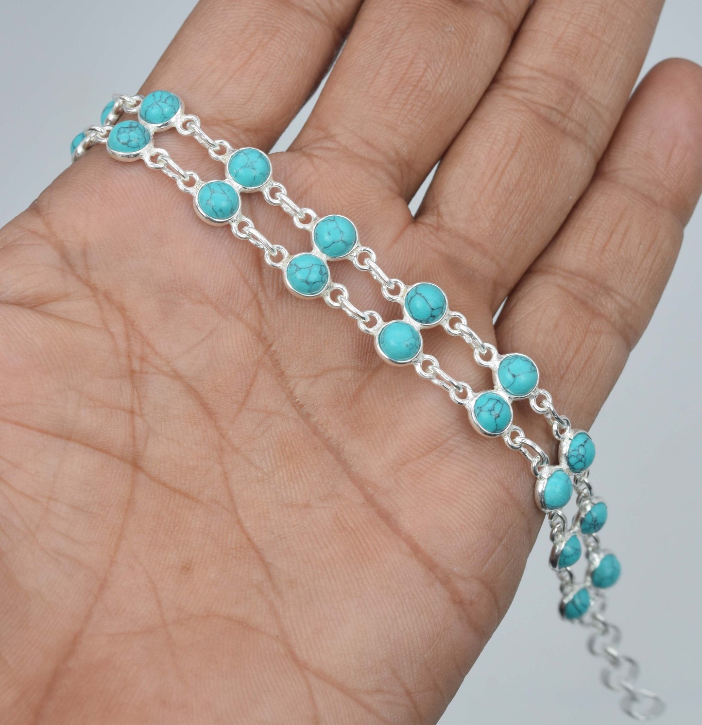 925 Solid Sterling Silver Blue Turquoise HANDMADE BRACELET-7.5 Inch