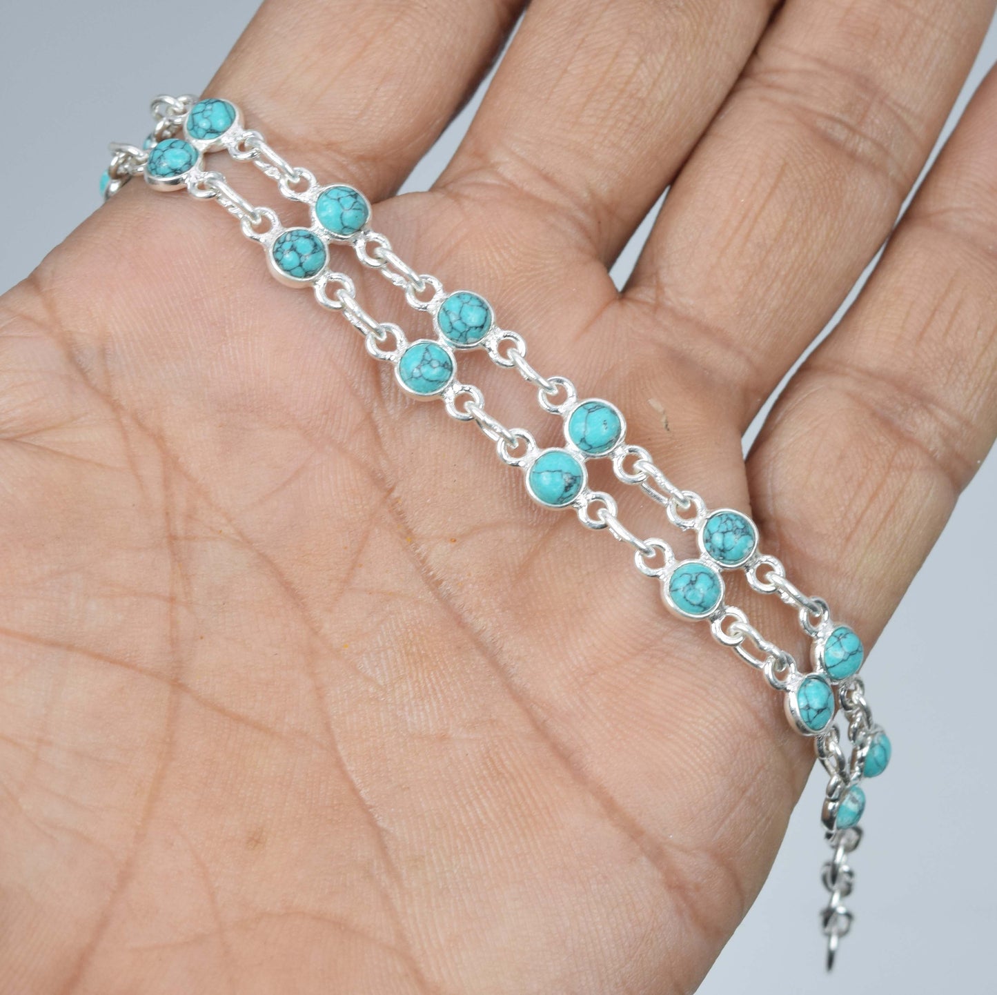925 Solid Sterling Silver Blue Turquoise HANDMADE BRACELET-7.5 Inch