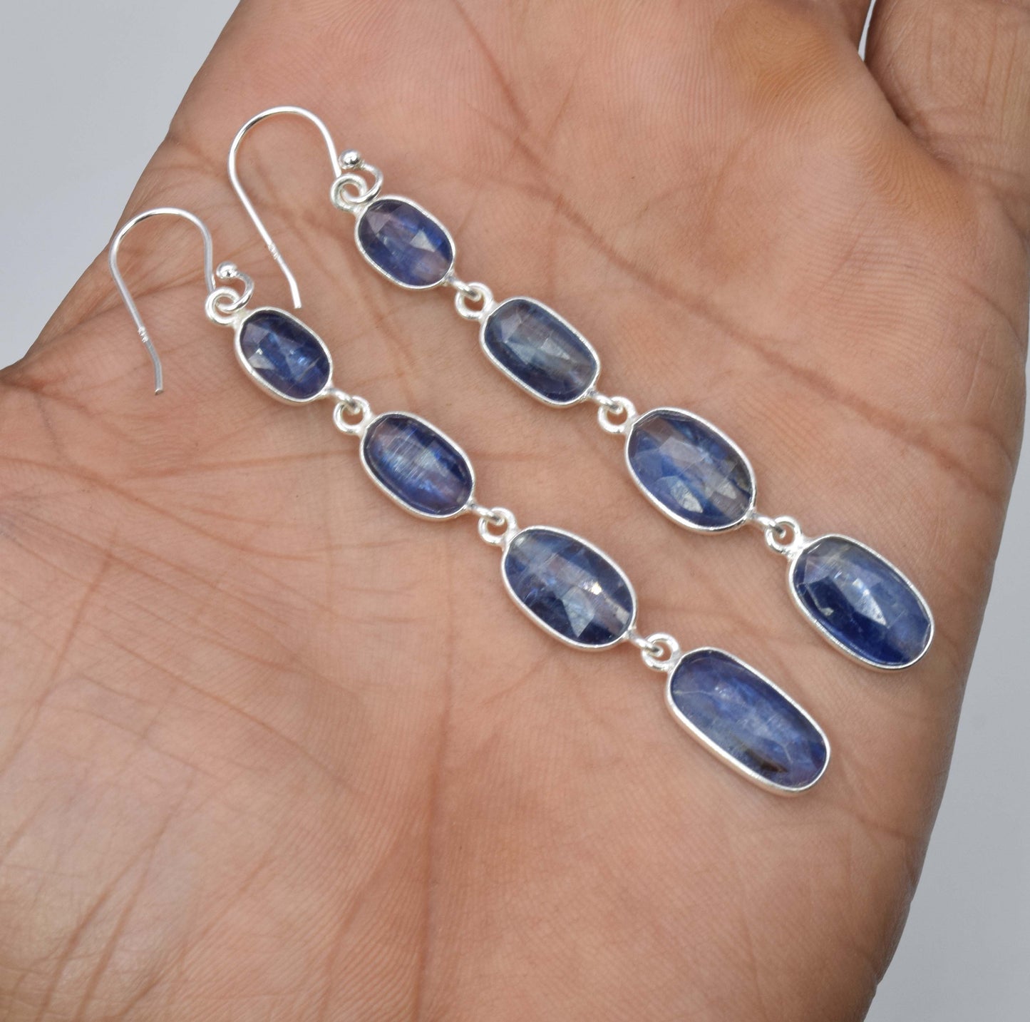 925 Solid Sterling Silver Faceted Blue Tanzanite Hook Earring-3 Inch