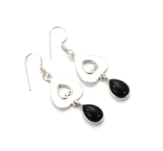 925 SOLID STERLING SILVER BLACK ONYX HOOK EARRING- 1.8 INCH