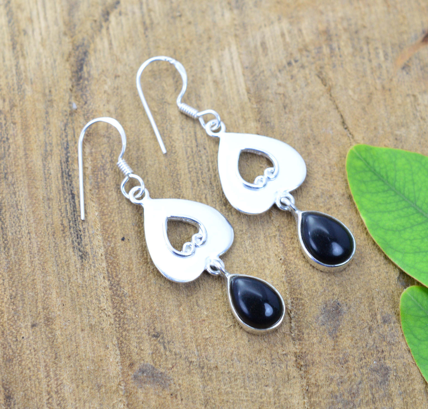 925 SOLID STERLING SILVER BLACK ONYX HOOK EARRING- 1.8 INCH