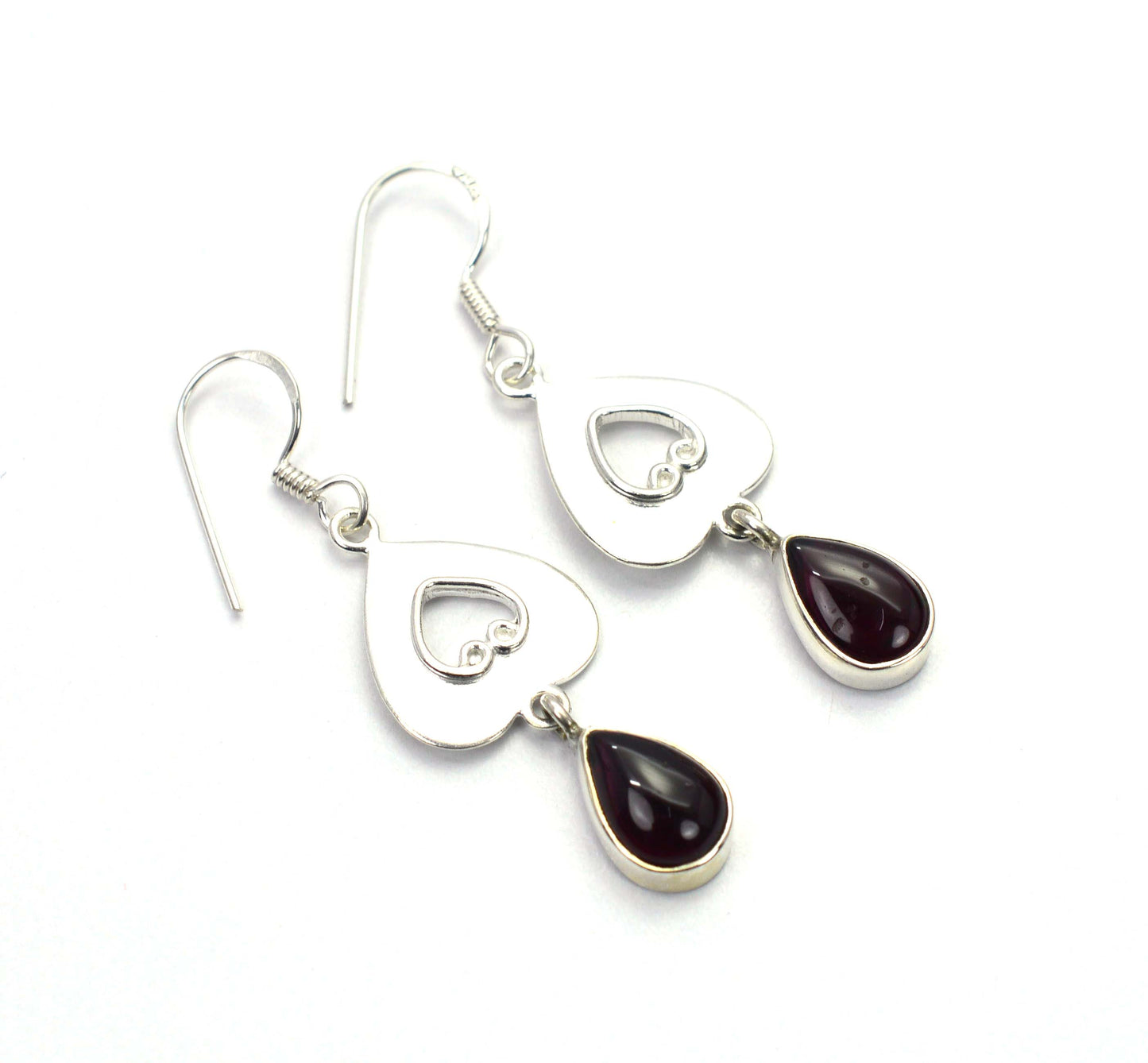 925 SOLID STERLING SILVER RED GARNET HOOK EARRING 1.7 INCH