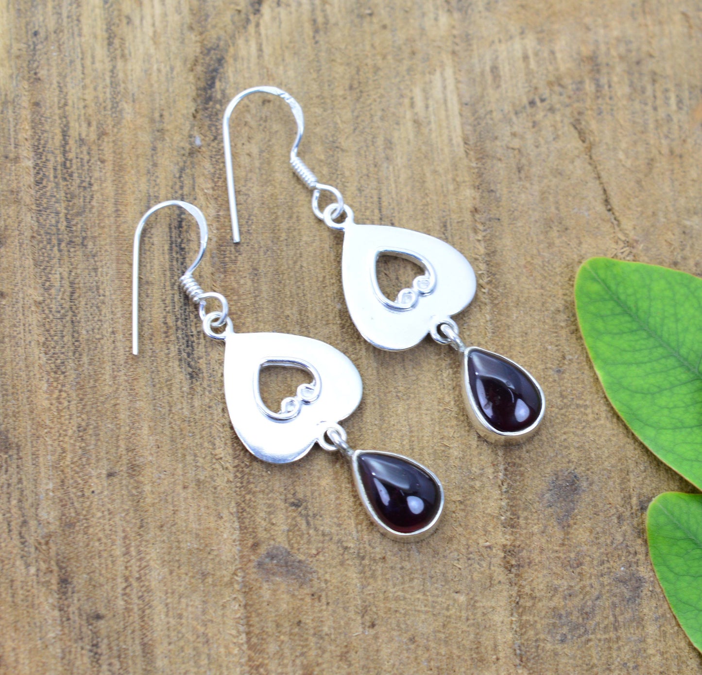 925 SOLID STERLING SILVER RED GARNET HOOK EARRING 1.7 INCH