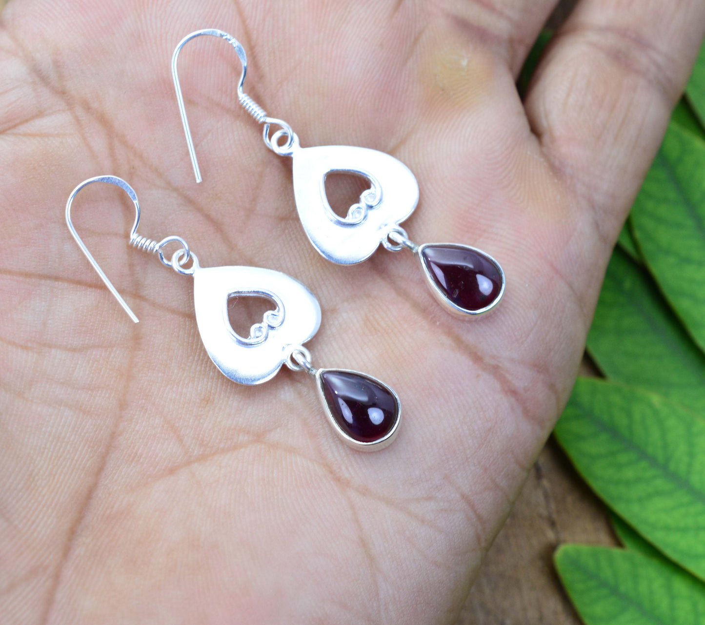 925 SOLID STERLING SILVER RED GARNET HOOK EARRING 1.7 INCH
