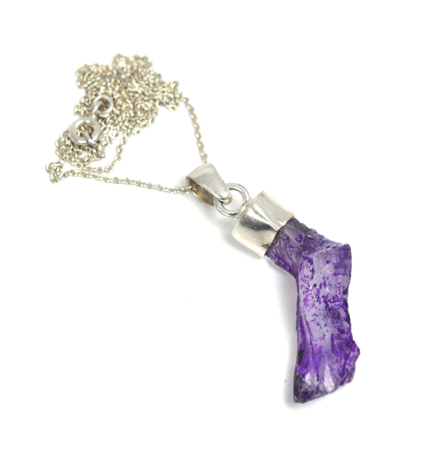 925 SOLID STERLING SILVER ROUGH PURPLE CRYSTAL QUARTZ CHAIN PENDANT-19.6 INCH