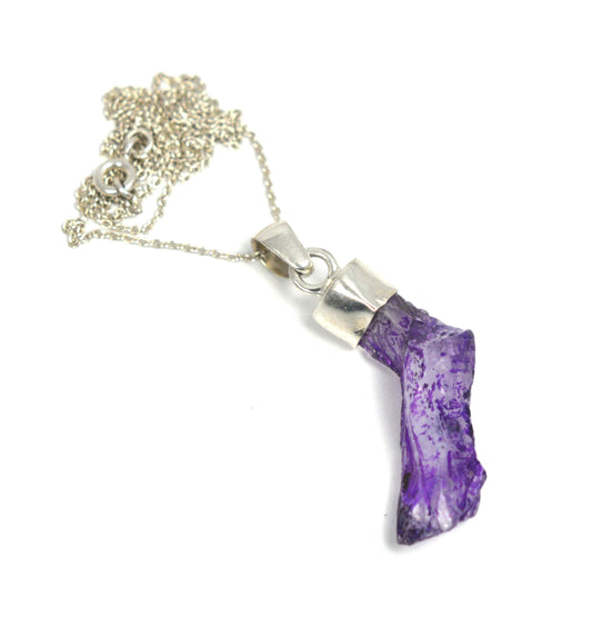 925 SOLID STERLING SILVER ROUGH PURPLE CRYSTAL QUARTZ CHAIN PENDANT-19.6 INCH
