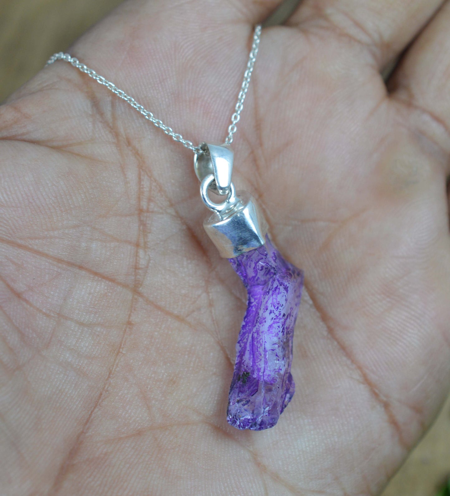 925 SOLID STERLING SILVER ROUGH PURPLE CRYSTAL QUARTZ CHAIN PENDANT-19.6 INCH