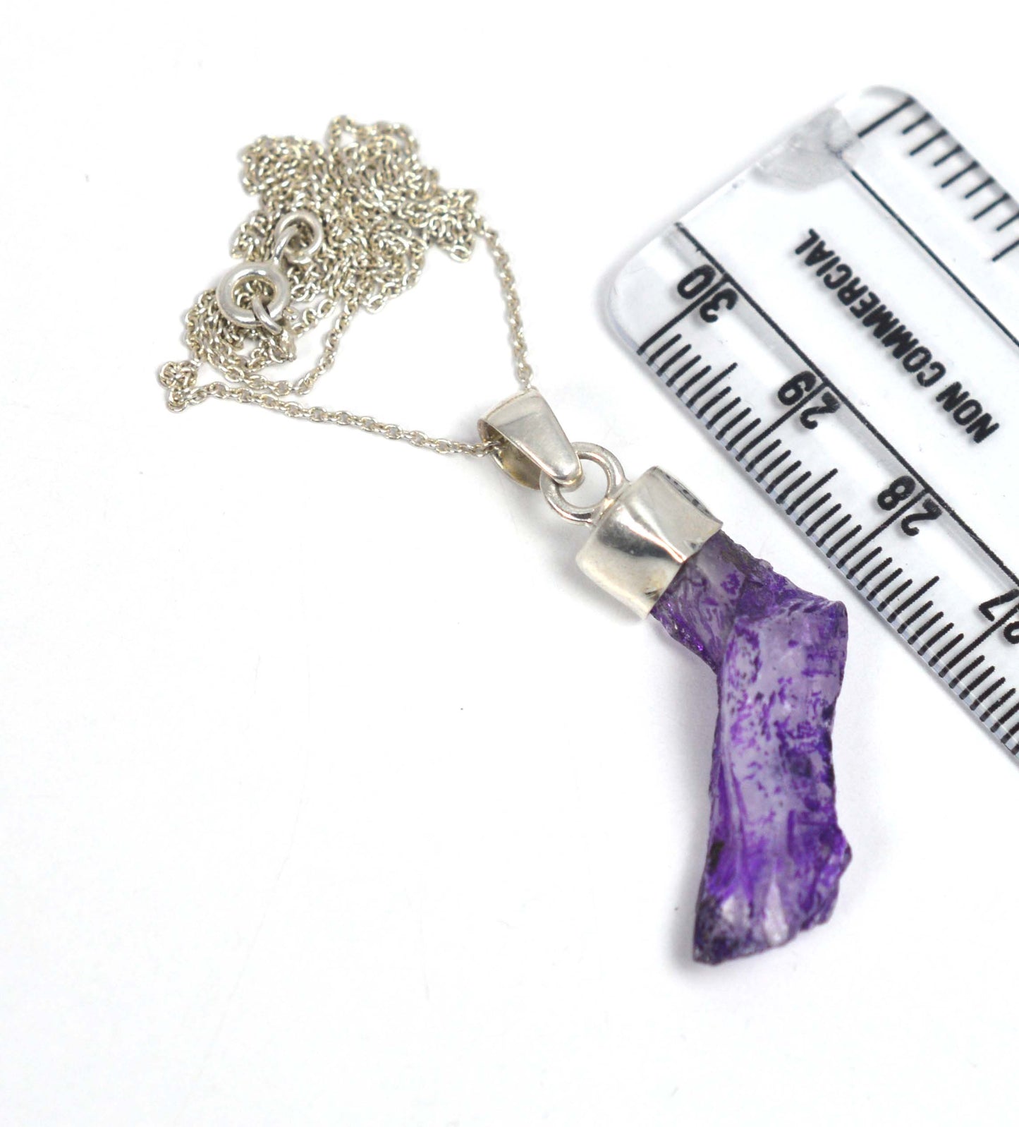 925 SOLID STERLING SILVER ROUGH PURPLE CRYSTAL QUARTZ CHAIN PENDANT-19.6 INCH
