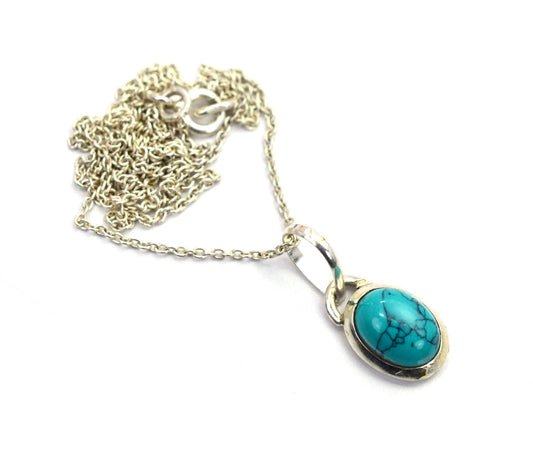 925 SOLID STERLING SILVER BLUE TURQUOISE CHAIN PENDANT -16.7 INCH