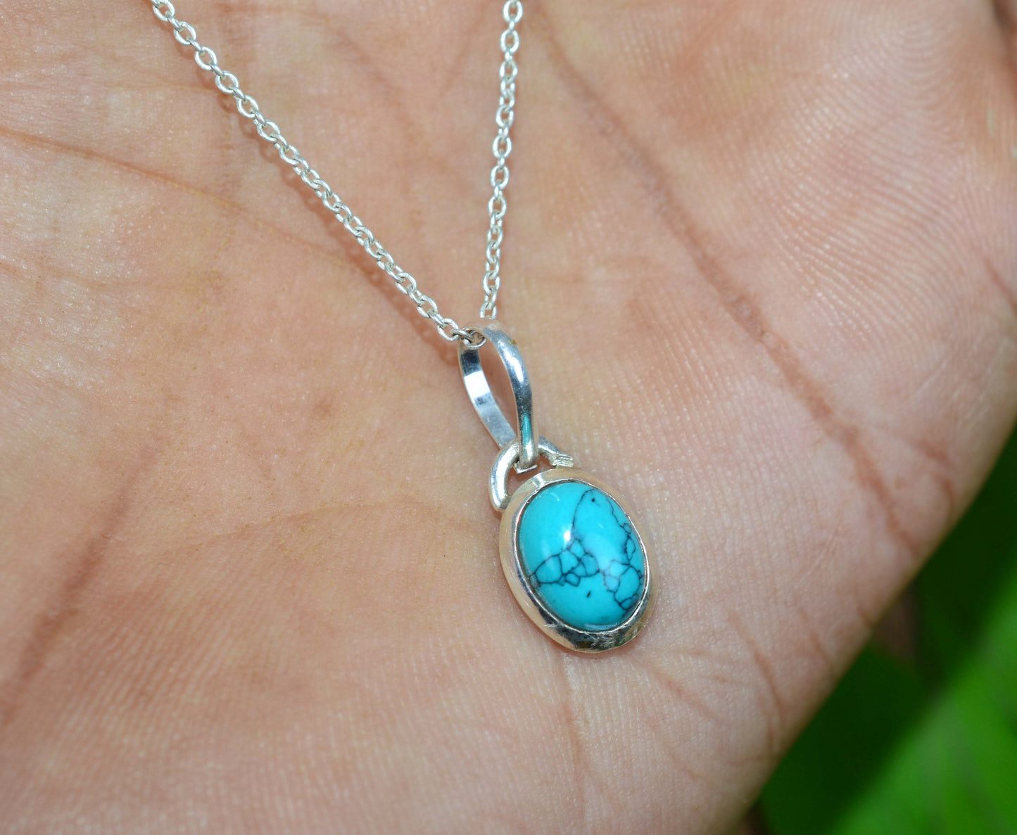 925 SOLID STERLING SILVER BLUE TURQUOISE CHAIN PENDANT -16.7 INCH