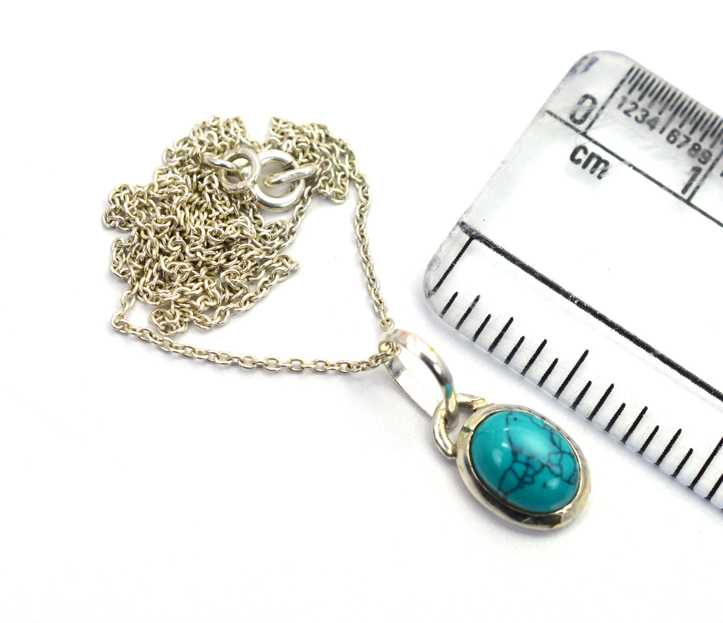 925 SOLID STERLING SILVER BLUE TURQUOISE CHAIN PENDANT -16.7 INCH