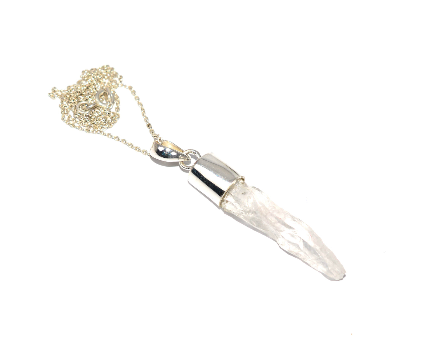 925 SOLID STERLING SILVER ROUGH WHITE CRYSTAL QUARTZ CHAIN PENDANT-18 INCH