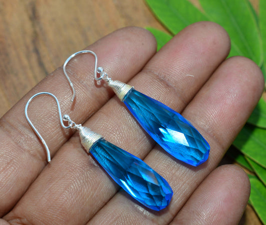 925 SOLID STERLING SILVER CUT BLUE QUARTZ DROP HOOK EARRING -1.8 INCH
